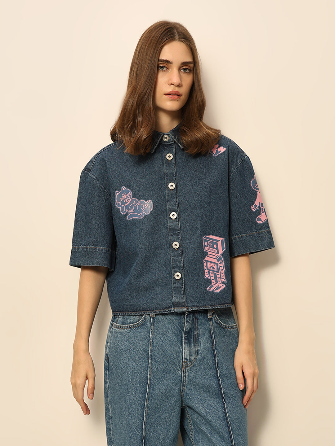 Dirty Pote Blue Printed Denim Shirt