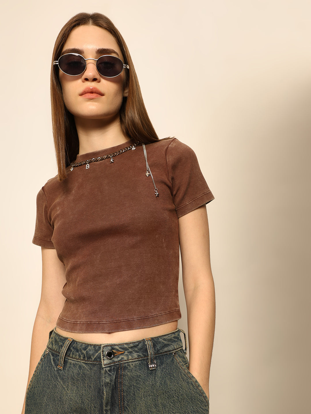 Dirty Pote Brown Embellished Crop T-shirt