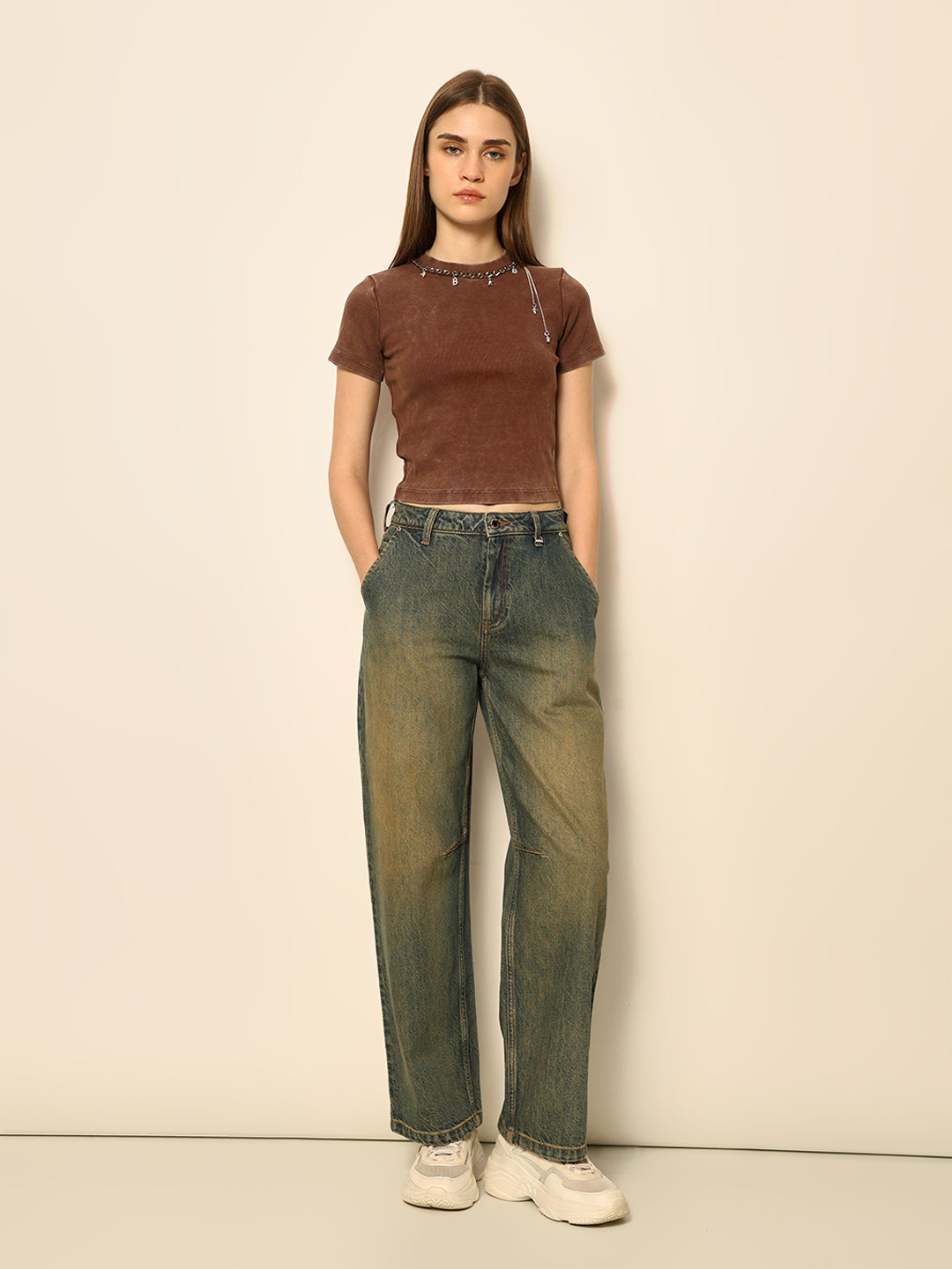 Dirty Pote Brown Embellished Crop T-shirt