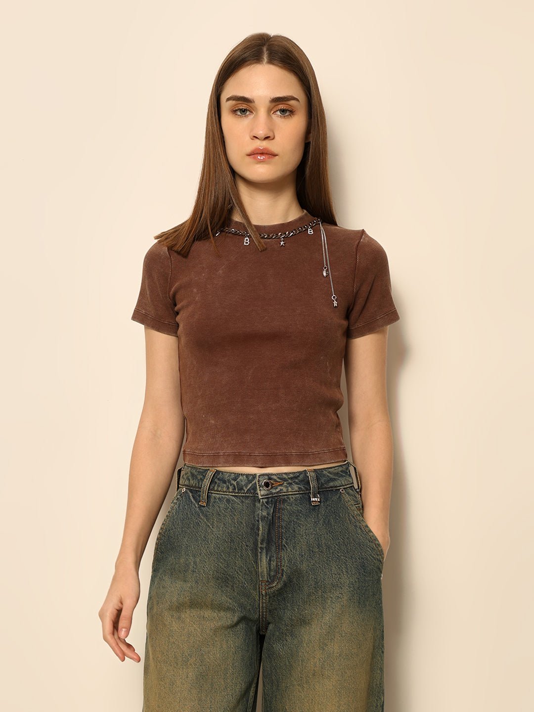 Dirty Pote Brown Embellished Crop T-shirt