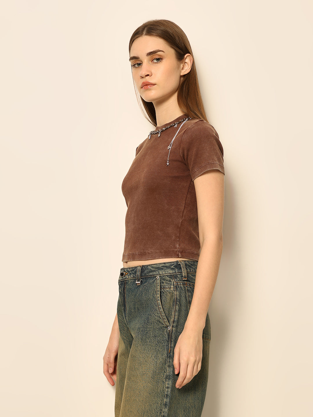 Dirty Pote Brown Embellished Crop T-shirt