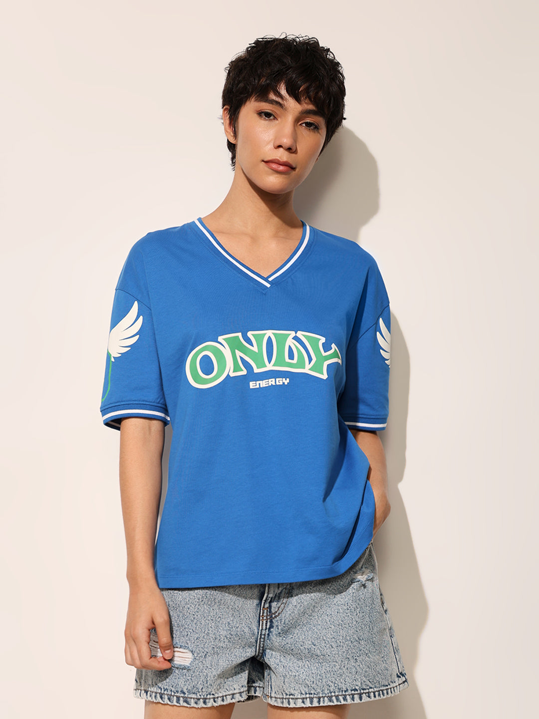 Blue Cotton Printed T-shirt