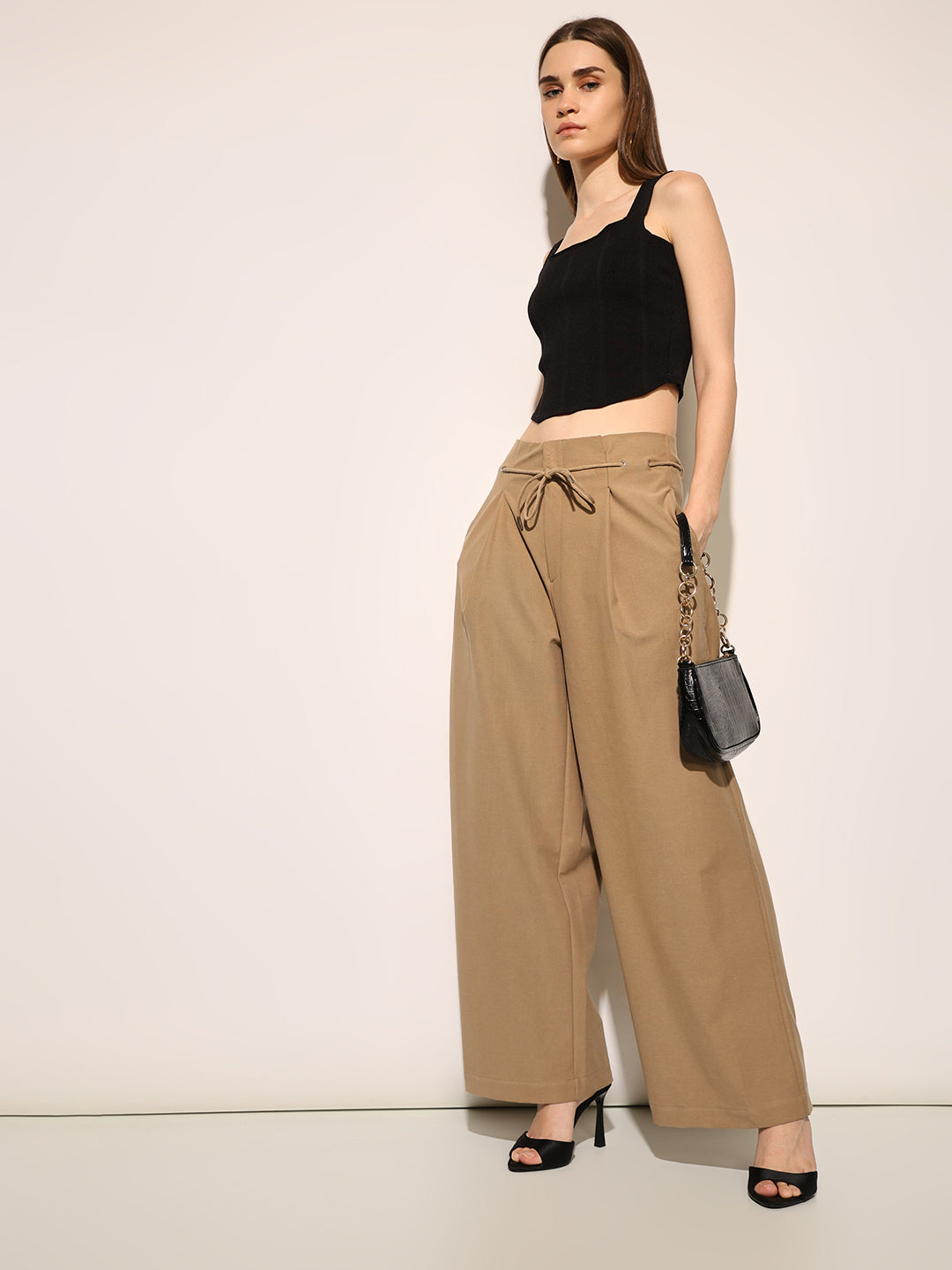 Brown Wide Leg Belted Pants - Main Image