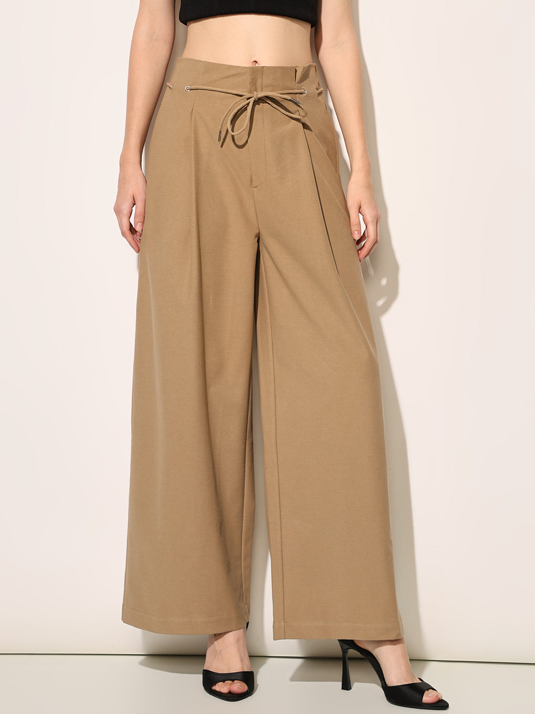 Brown Wide Leg Belted Pants