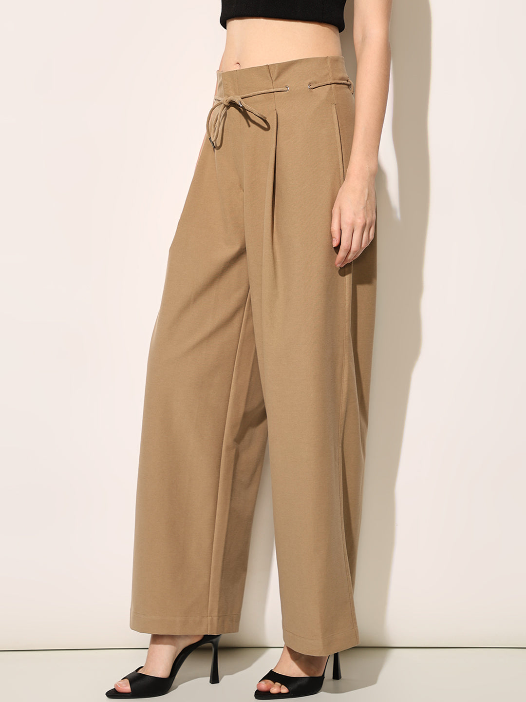 Brown Wide Leg Belted Pants