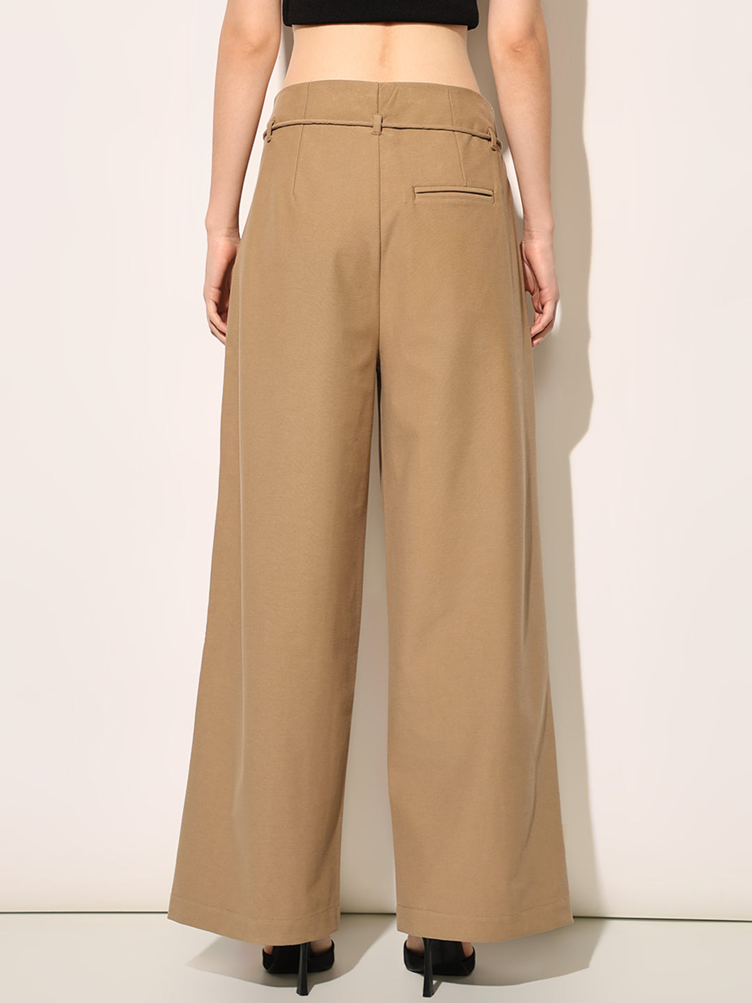 Brown Wide Leg Belted Pants