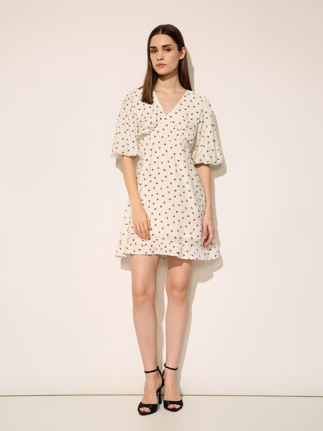 White Printed Puff Sleeves Dress