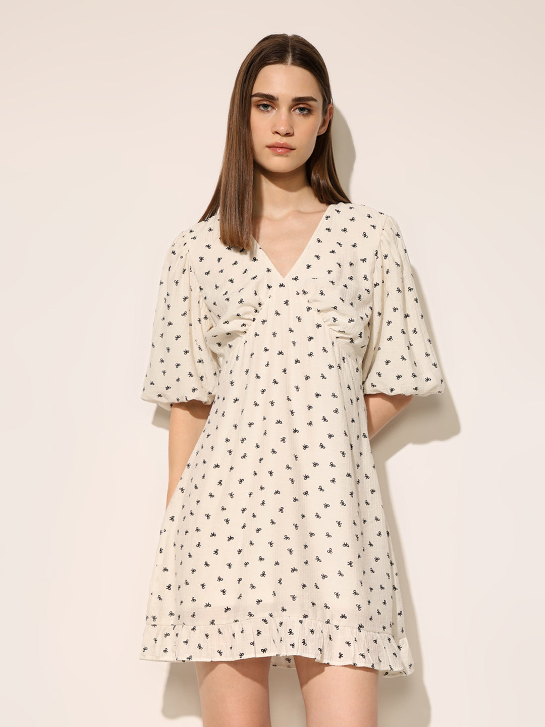 White Printed Puff Sleeves Dress