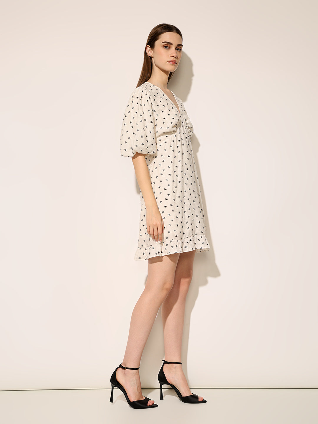 White Printed Puff Sleeves Dress