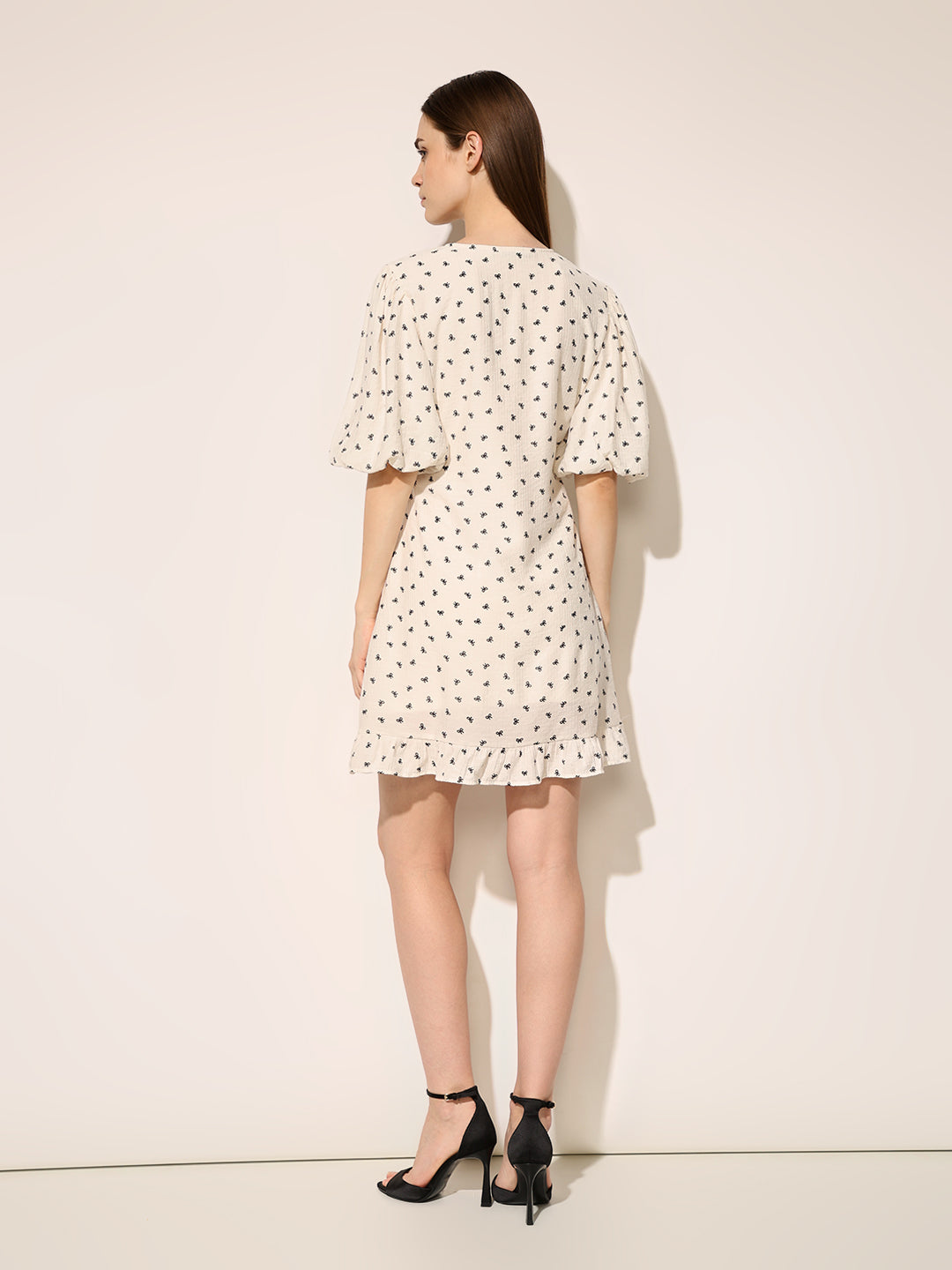 White Printed Puff Sleeves Dress