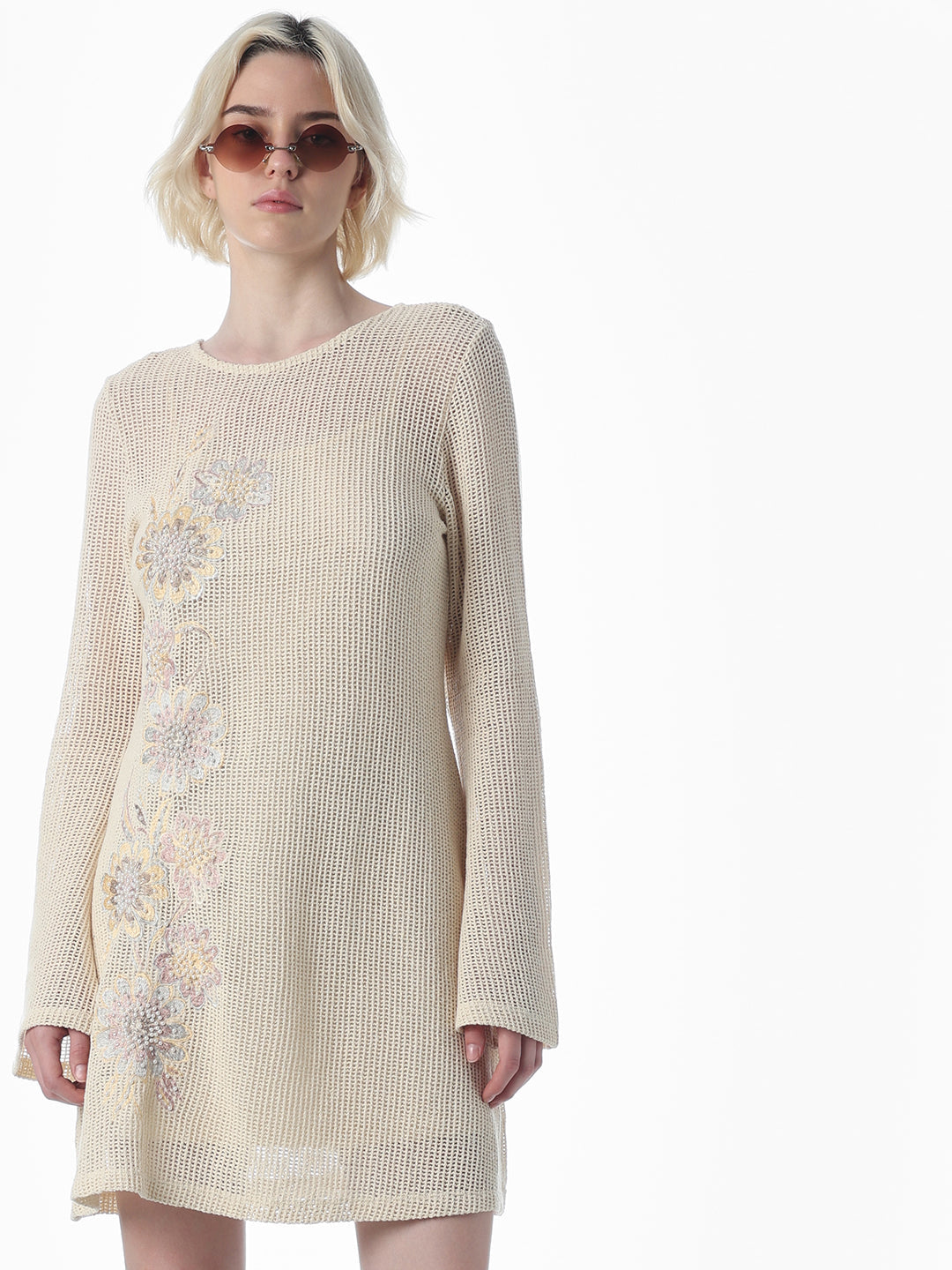 Cream Sheer Knit Mini Dress