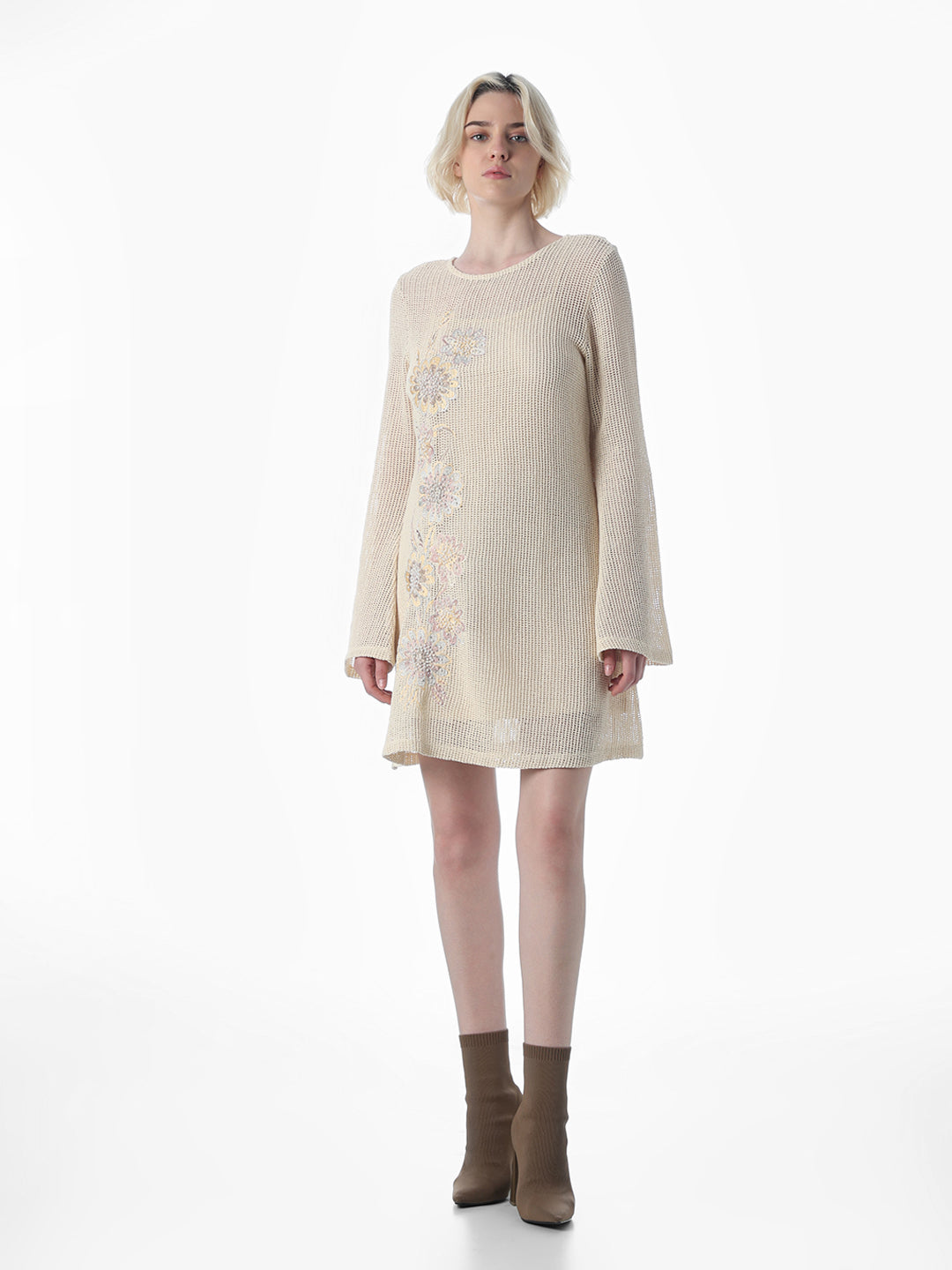 Cream Sheer Knit Mini Dress