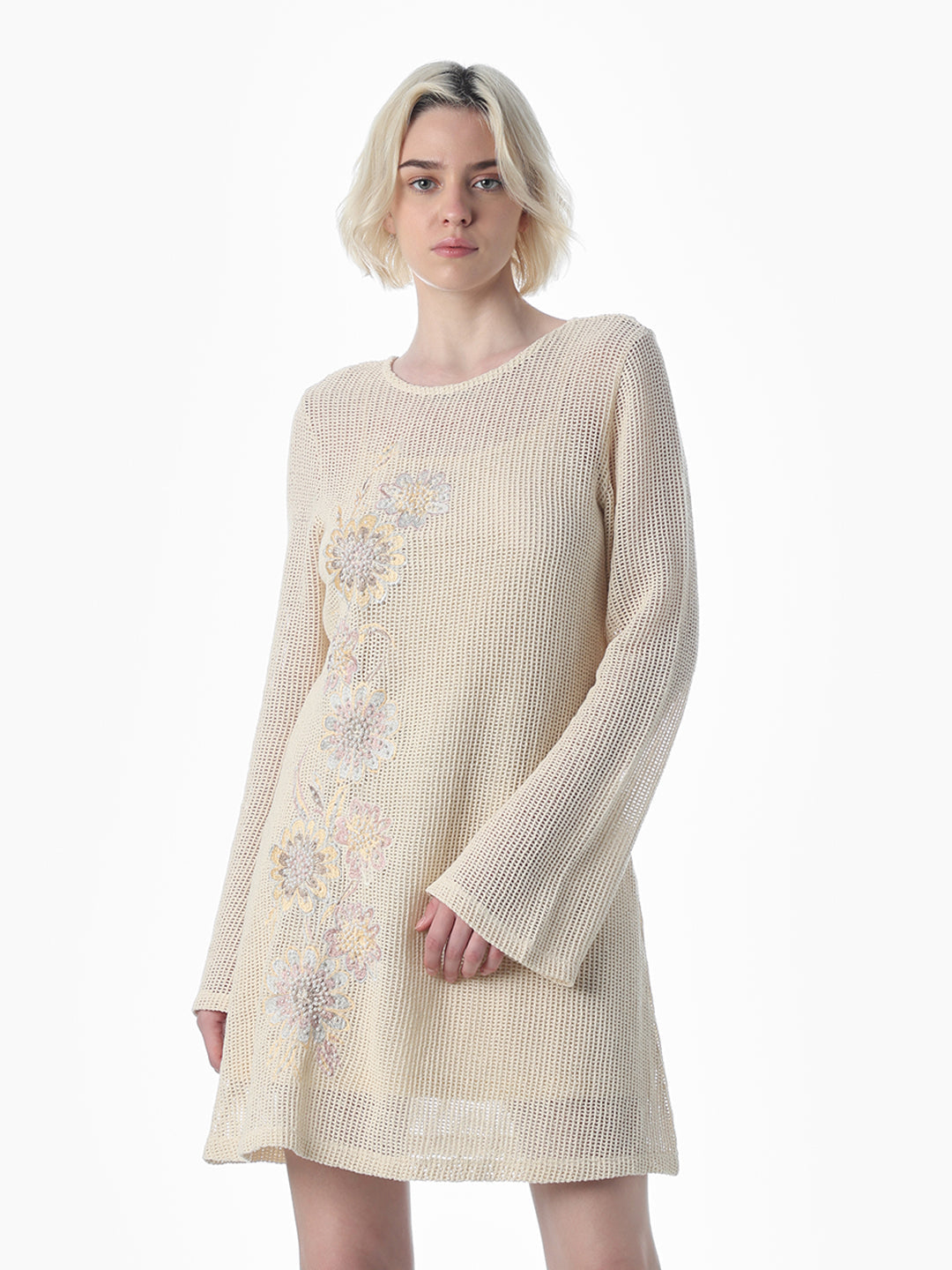 Cream Sheer Knit Mini Dress