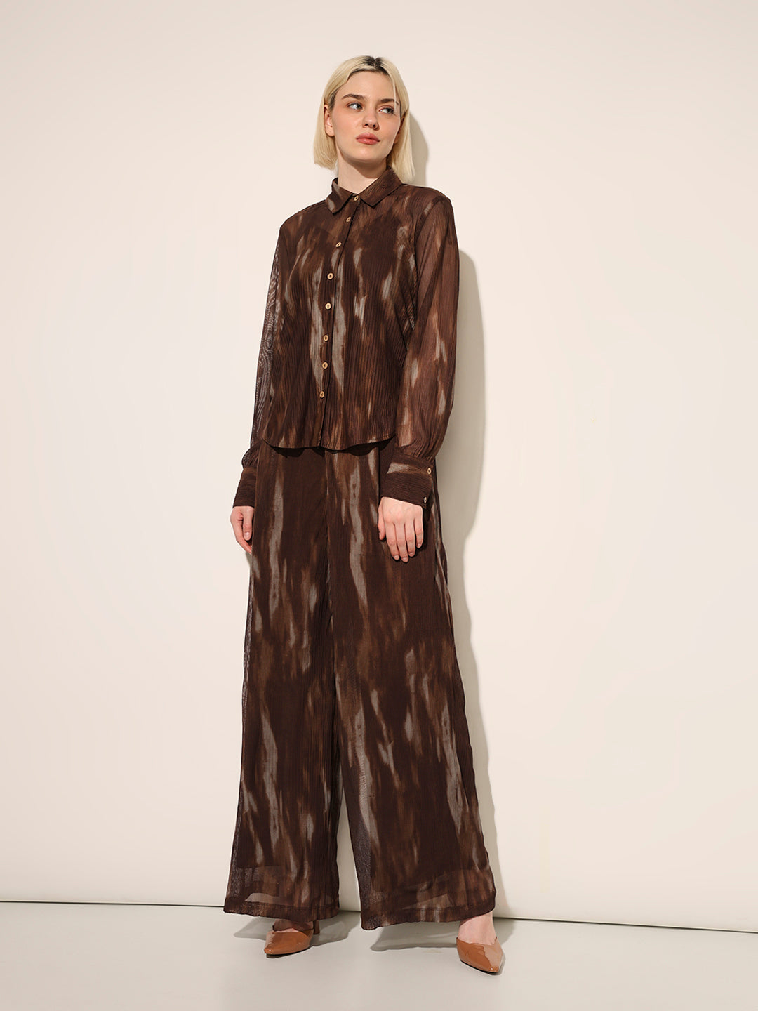 Brown Printed Semi-Sheer Shirt