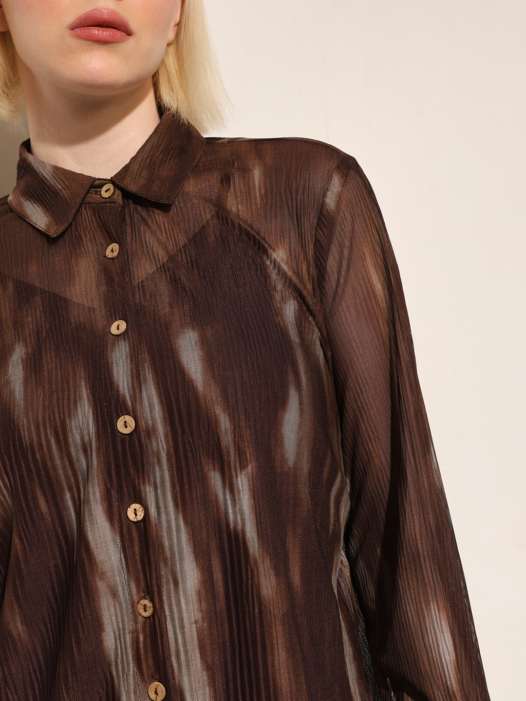 Brown Printed Semi-Sheer Shirt