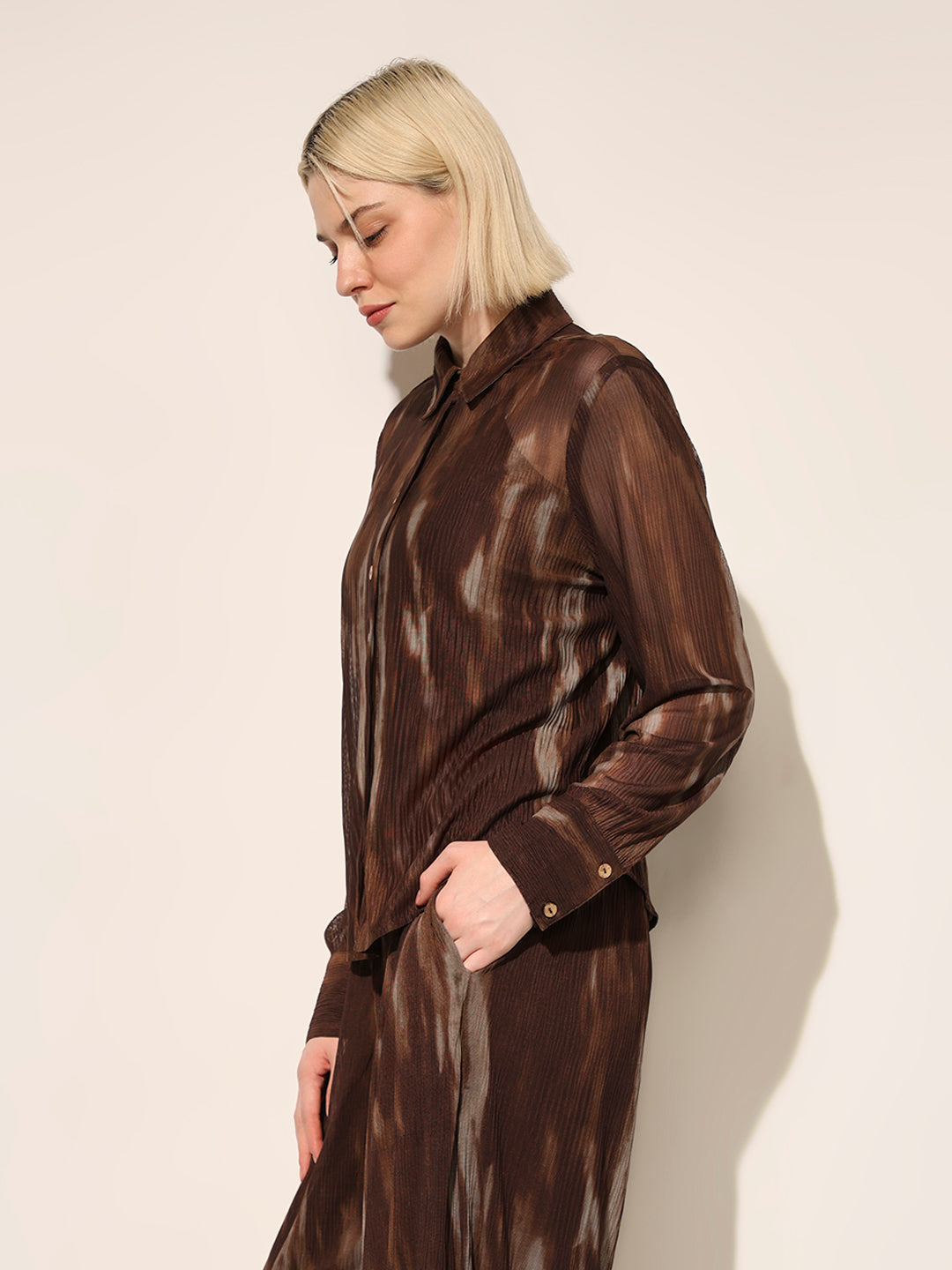 Brown Printed Semi-Sheer Shirt