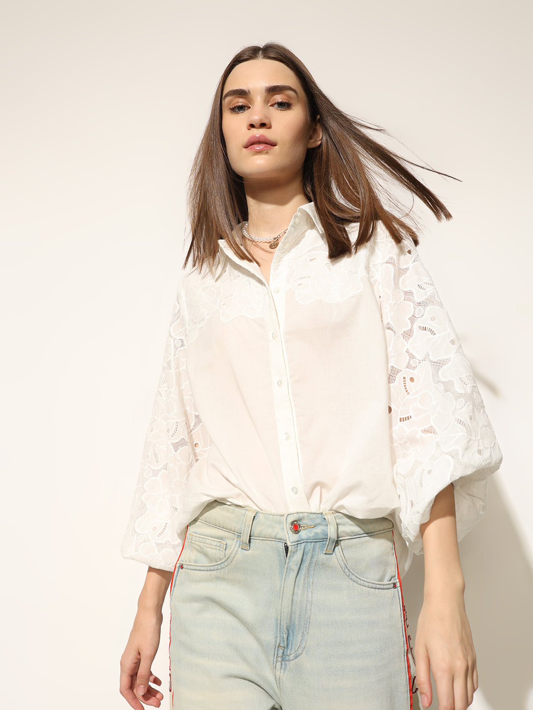 White Lace Sleeves Oversized Shirt