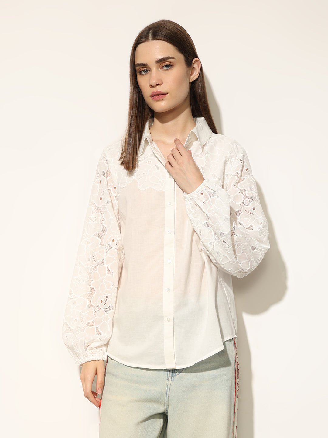 White Lace Sleeves Oversized Shirt