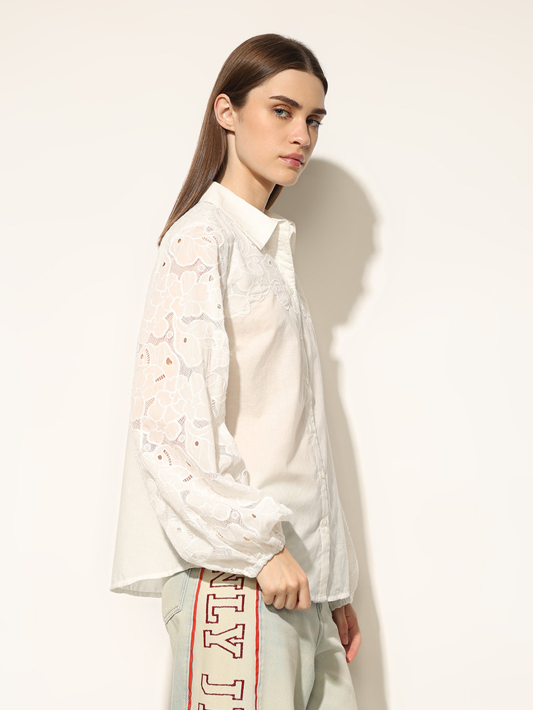 White Lace Sleeves Oversized Shirt