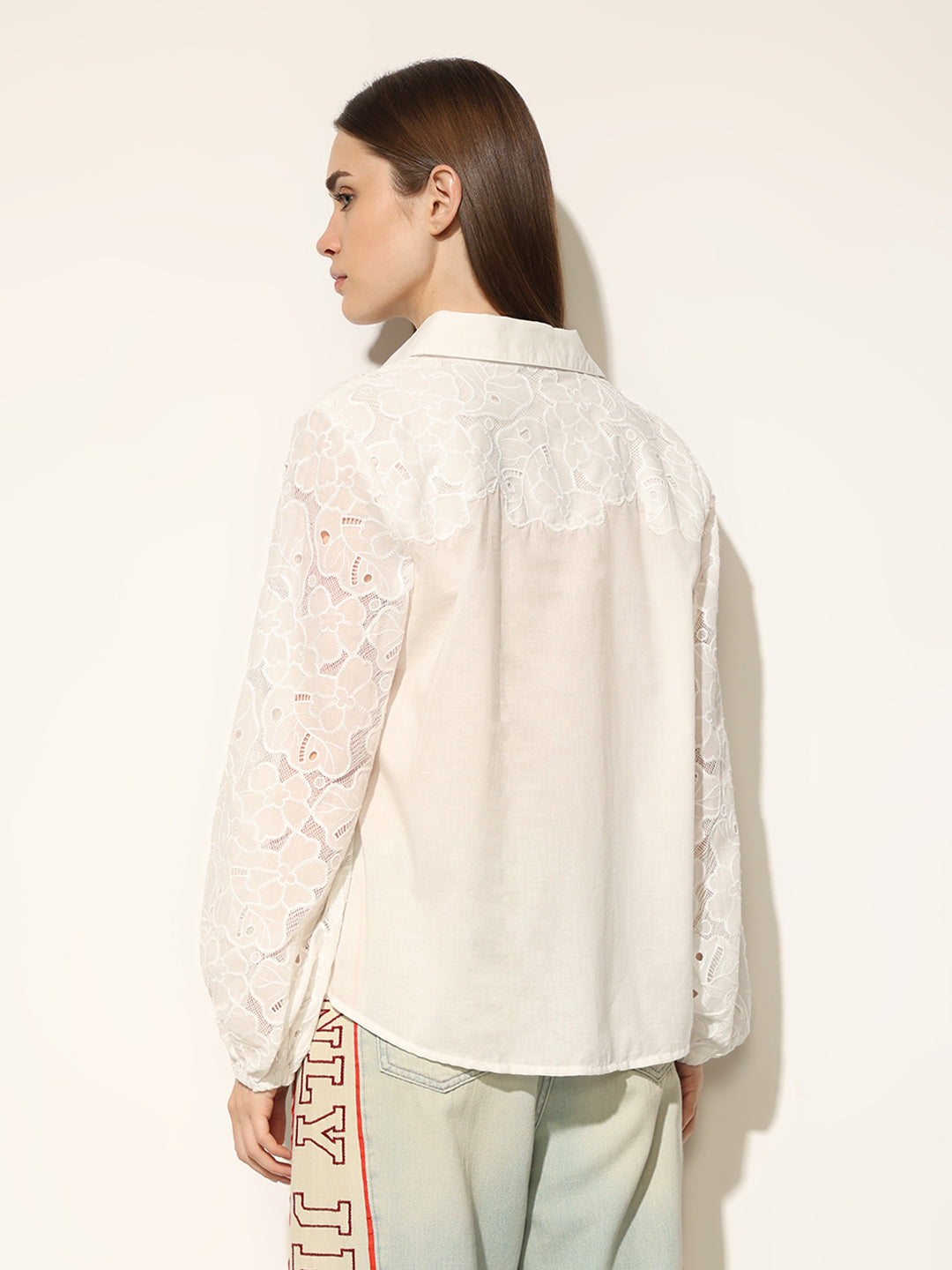 White Lace Sleeves Oversized Shirt