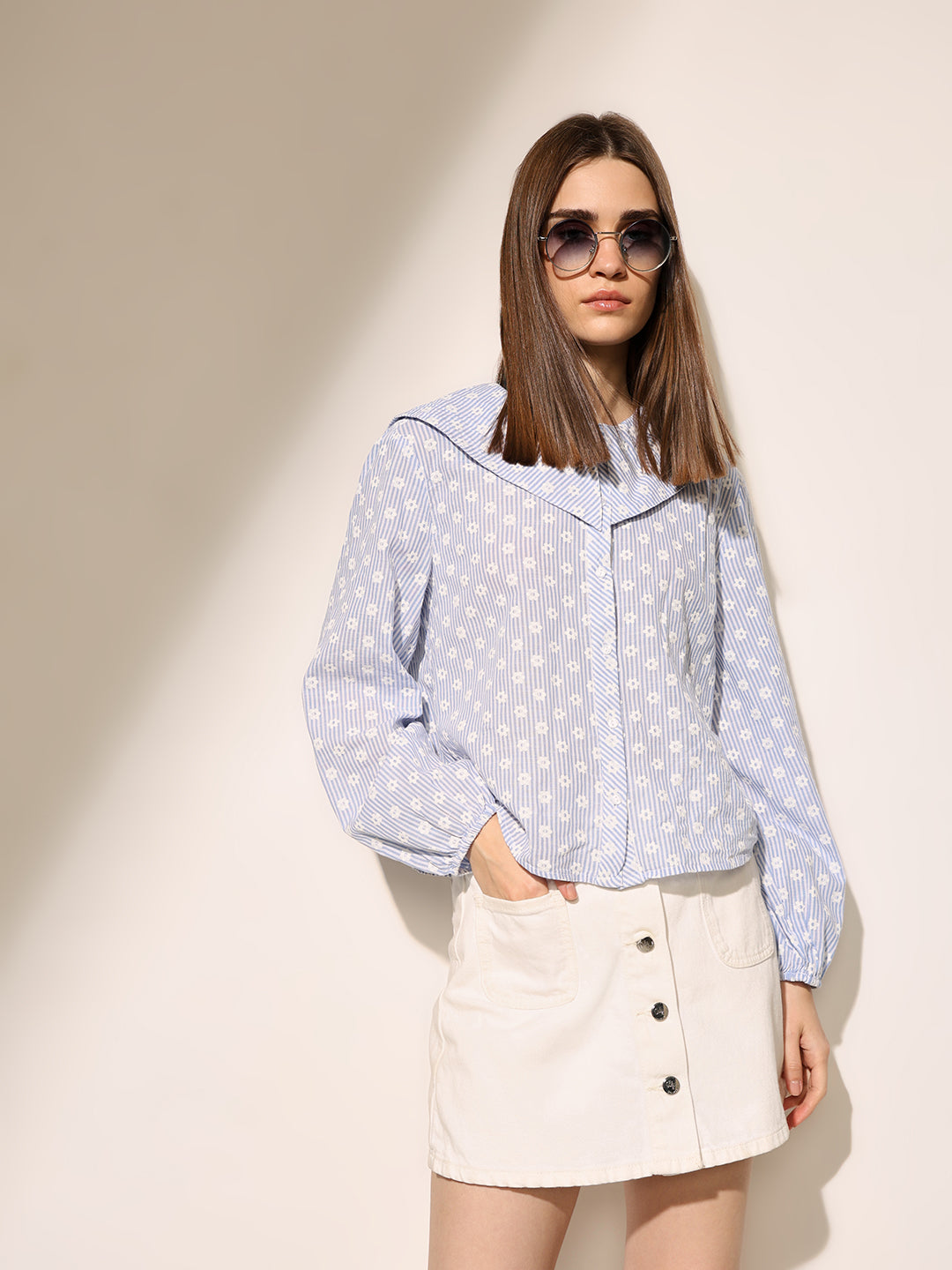 Blue Printed Peter Pan Collar Shirt