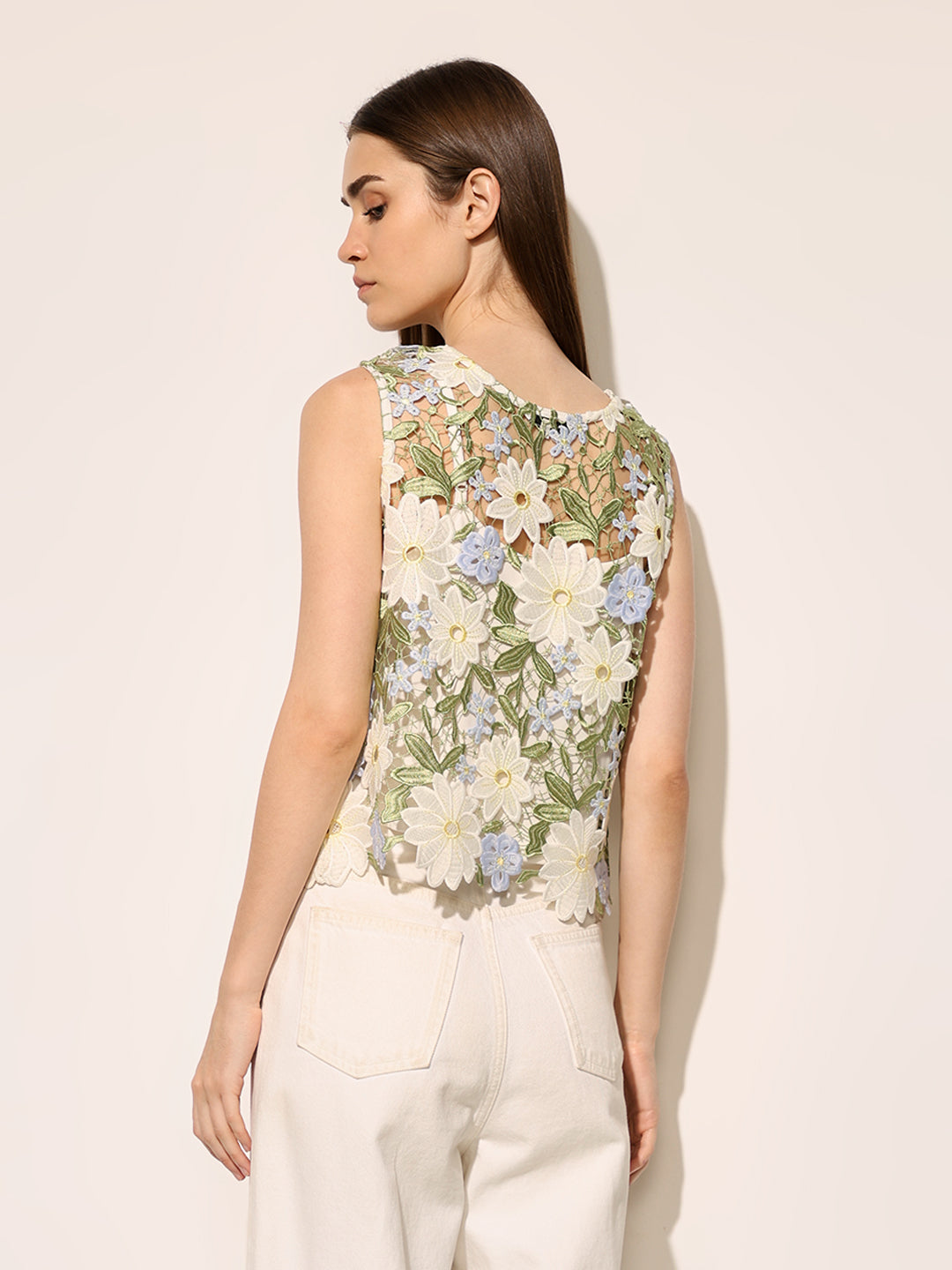 White Floral Lace Sleeveless Top