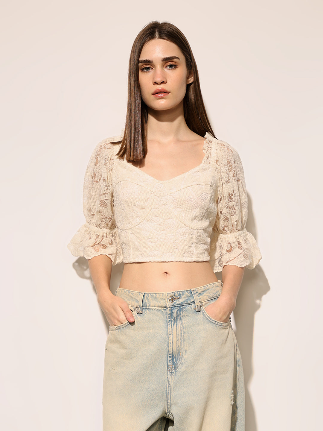 Beige Lace Crop Top