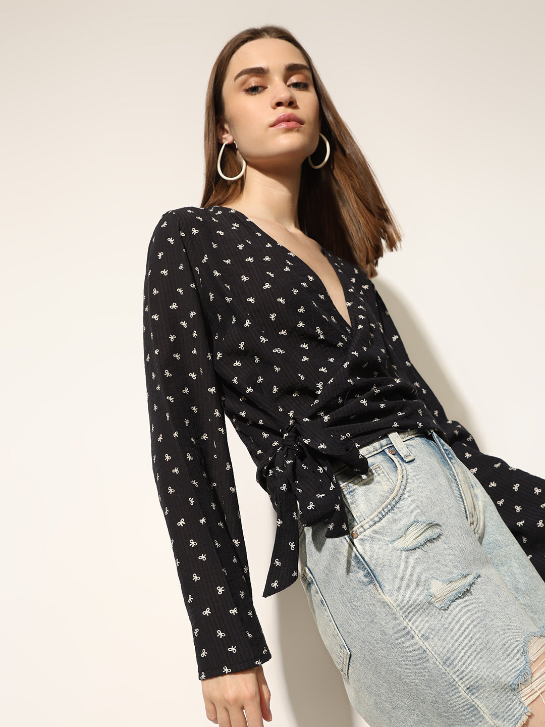 Black Printed Wrap Top
