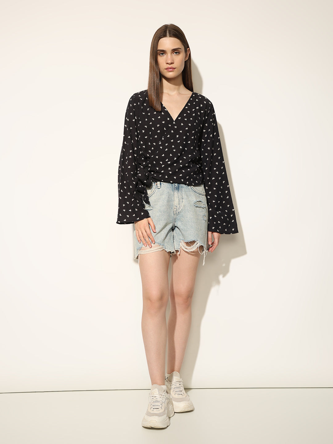 Black Printed Wrap Top