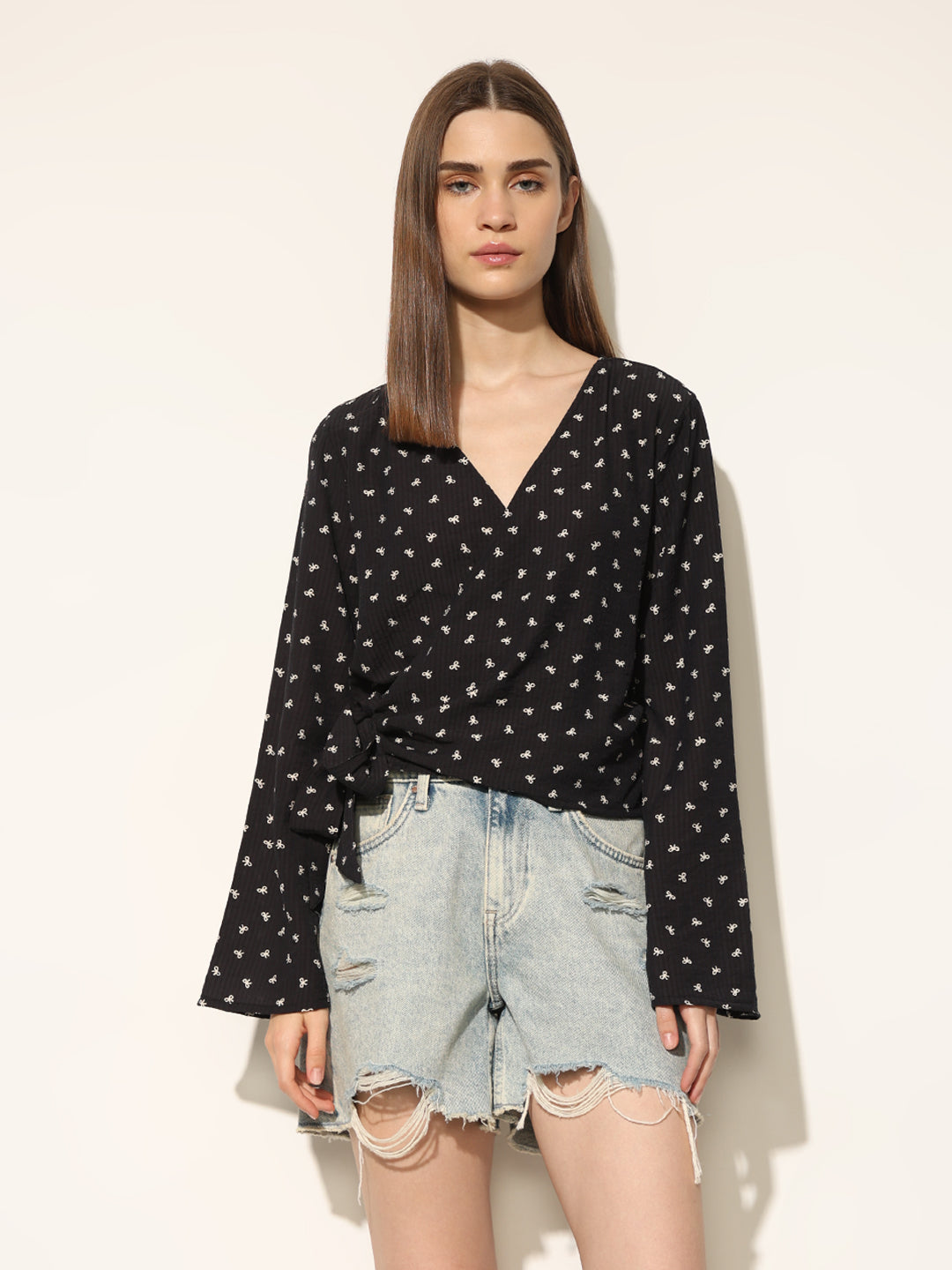 Black Printed Wrap Top