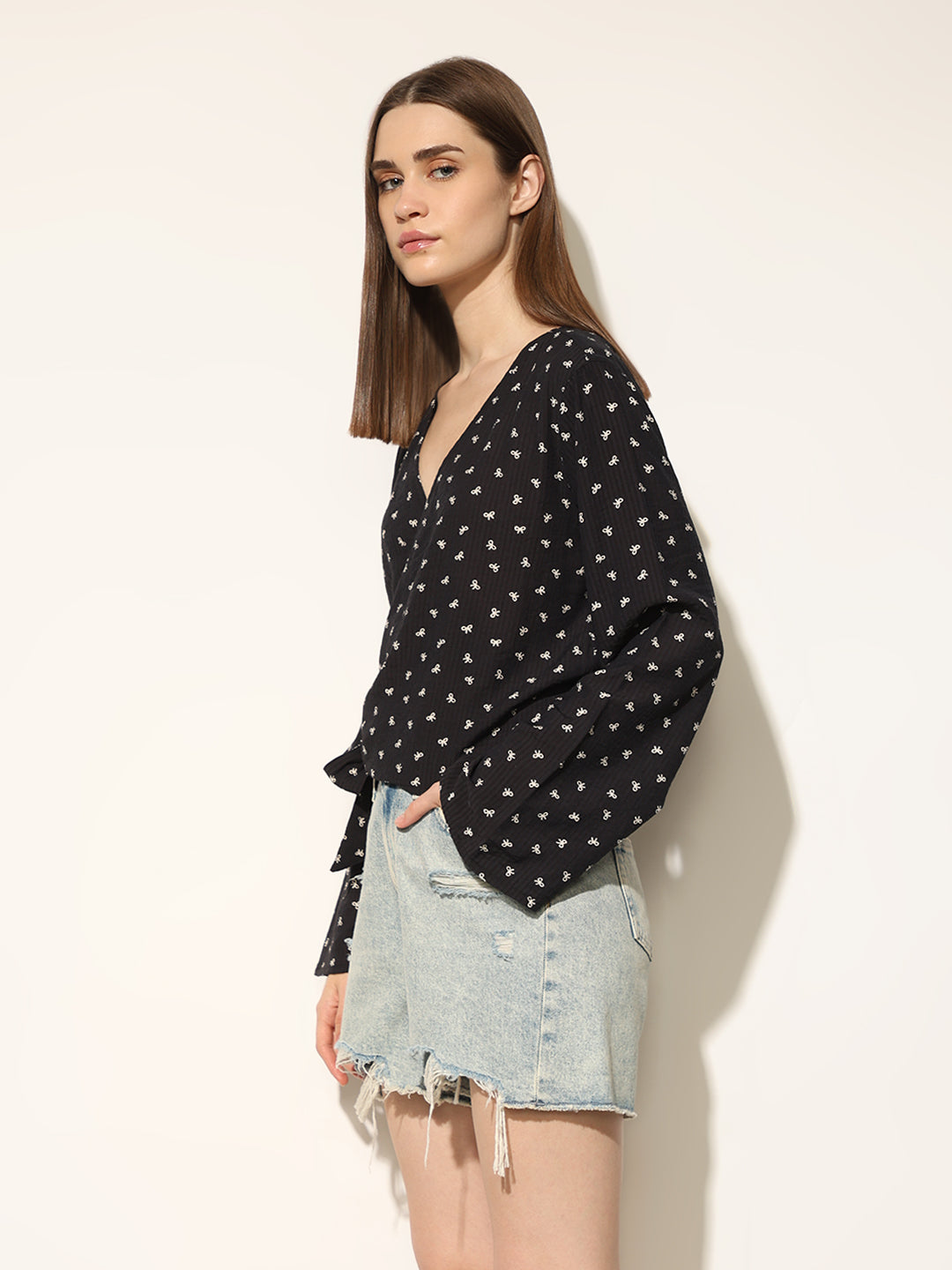 Black Printed Wrap Top