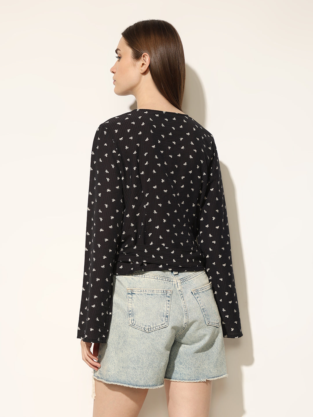 Black Printed Wrap Top