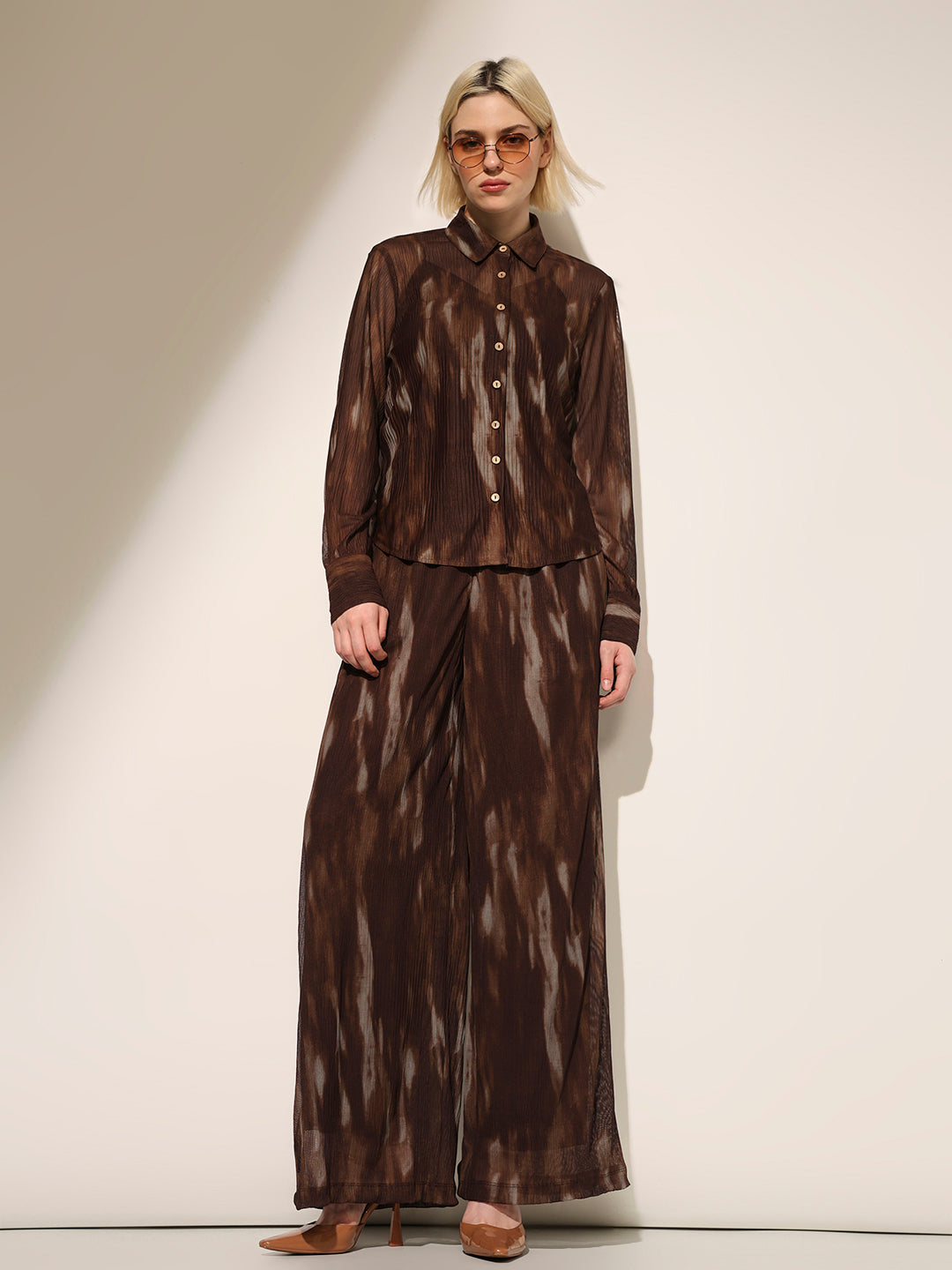 Brown Printed Semi-Sheer Pants