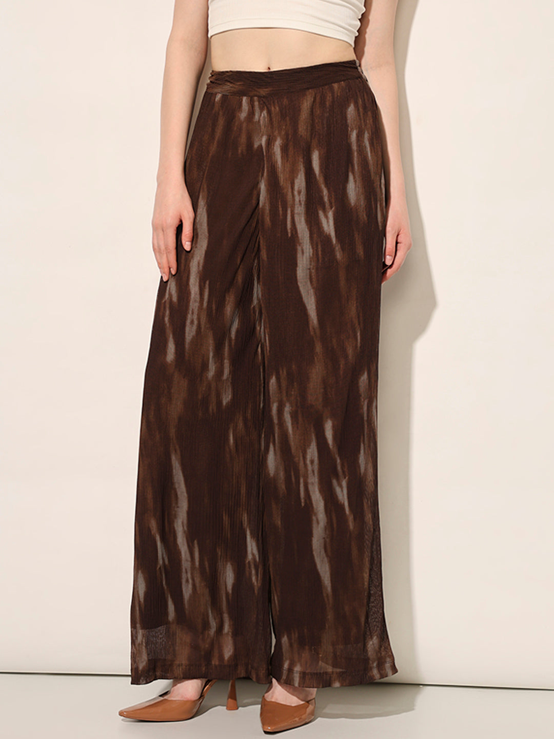 Brown Printed Semi-Sheer Pants