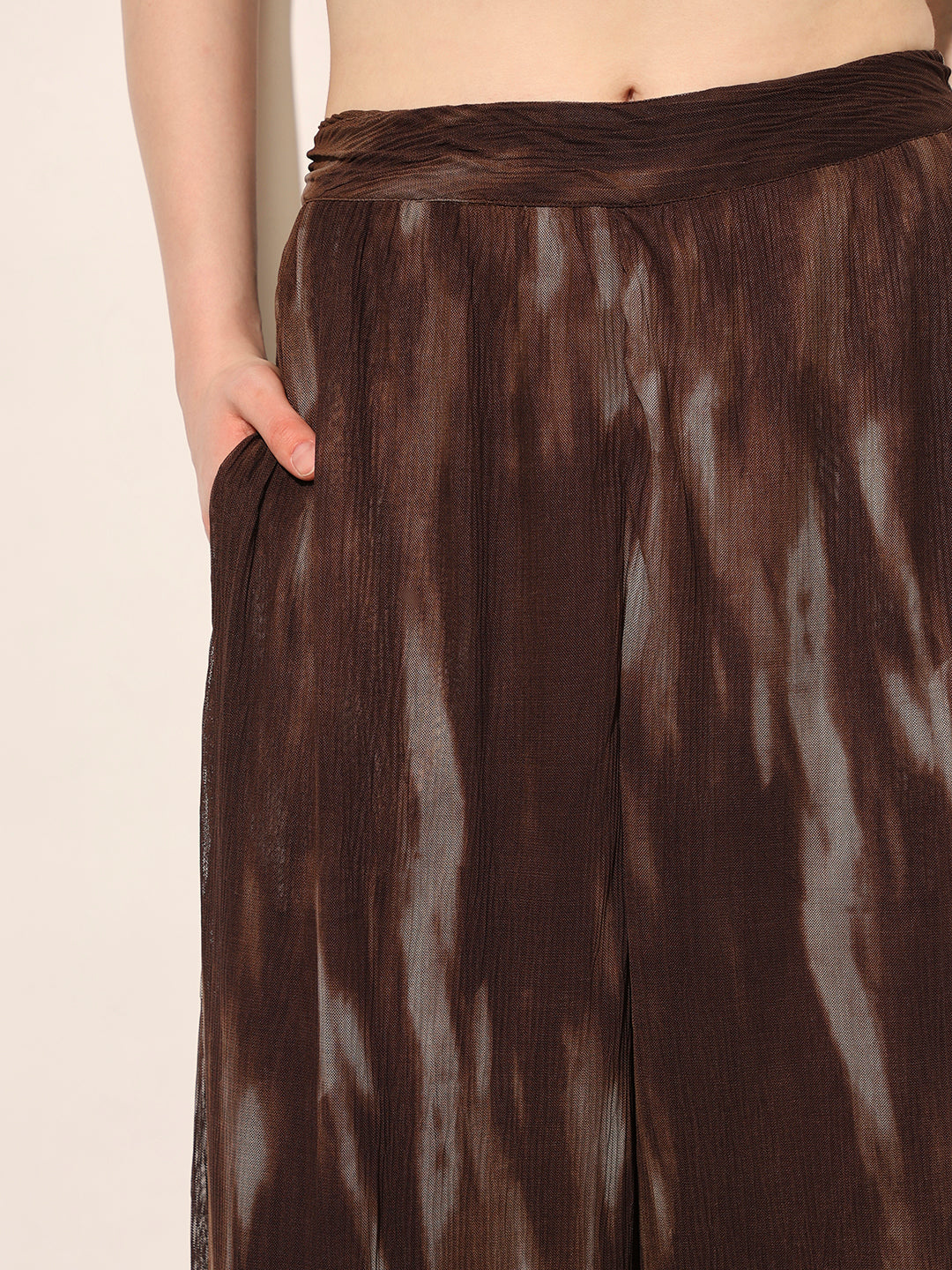 Brown Printed Semi-Sheer Pants