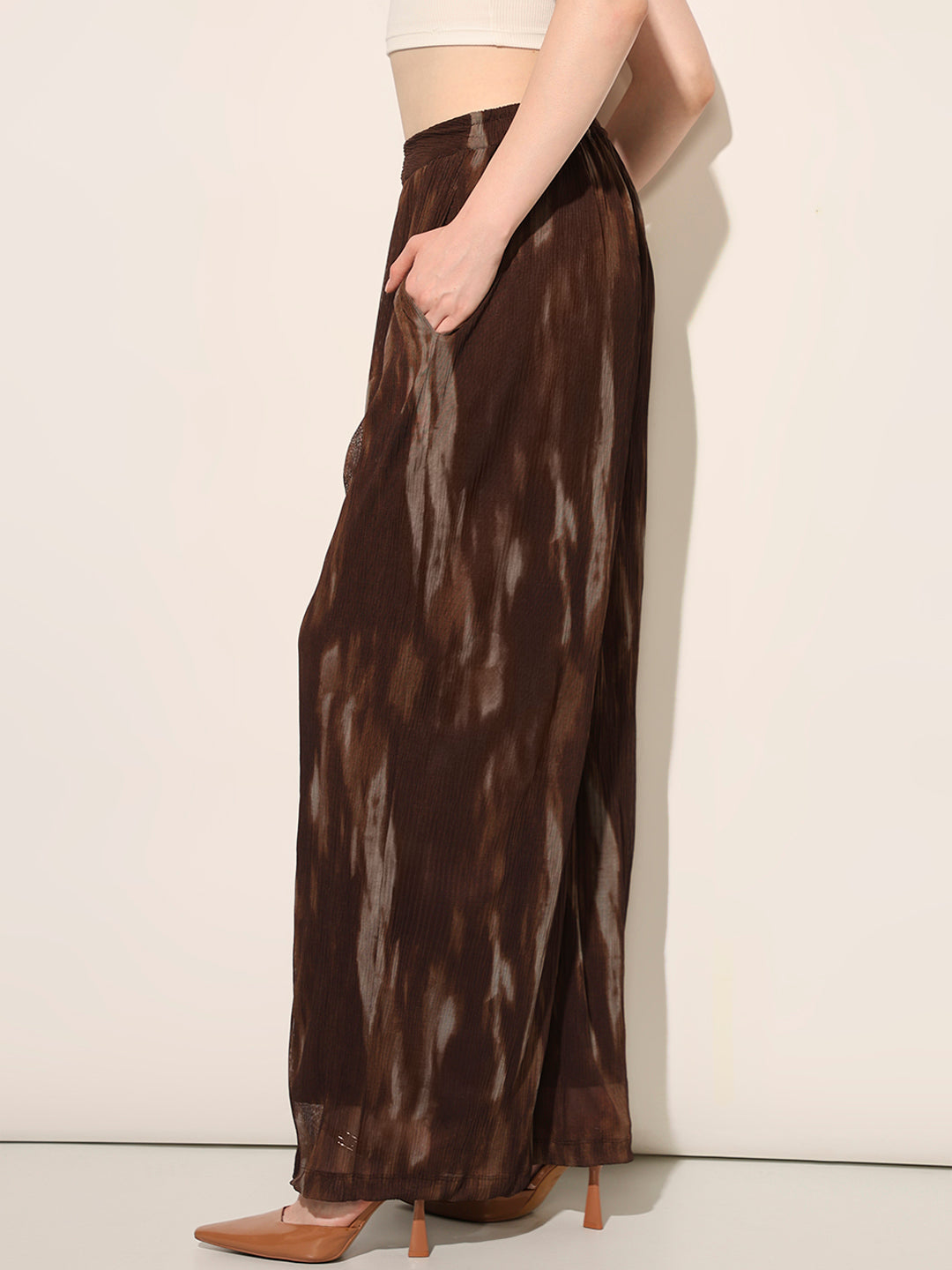 Brown Printed Semi-Sheer Pants