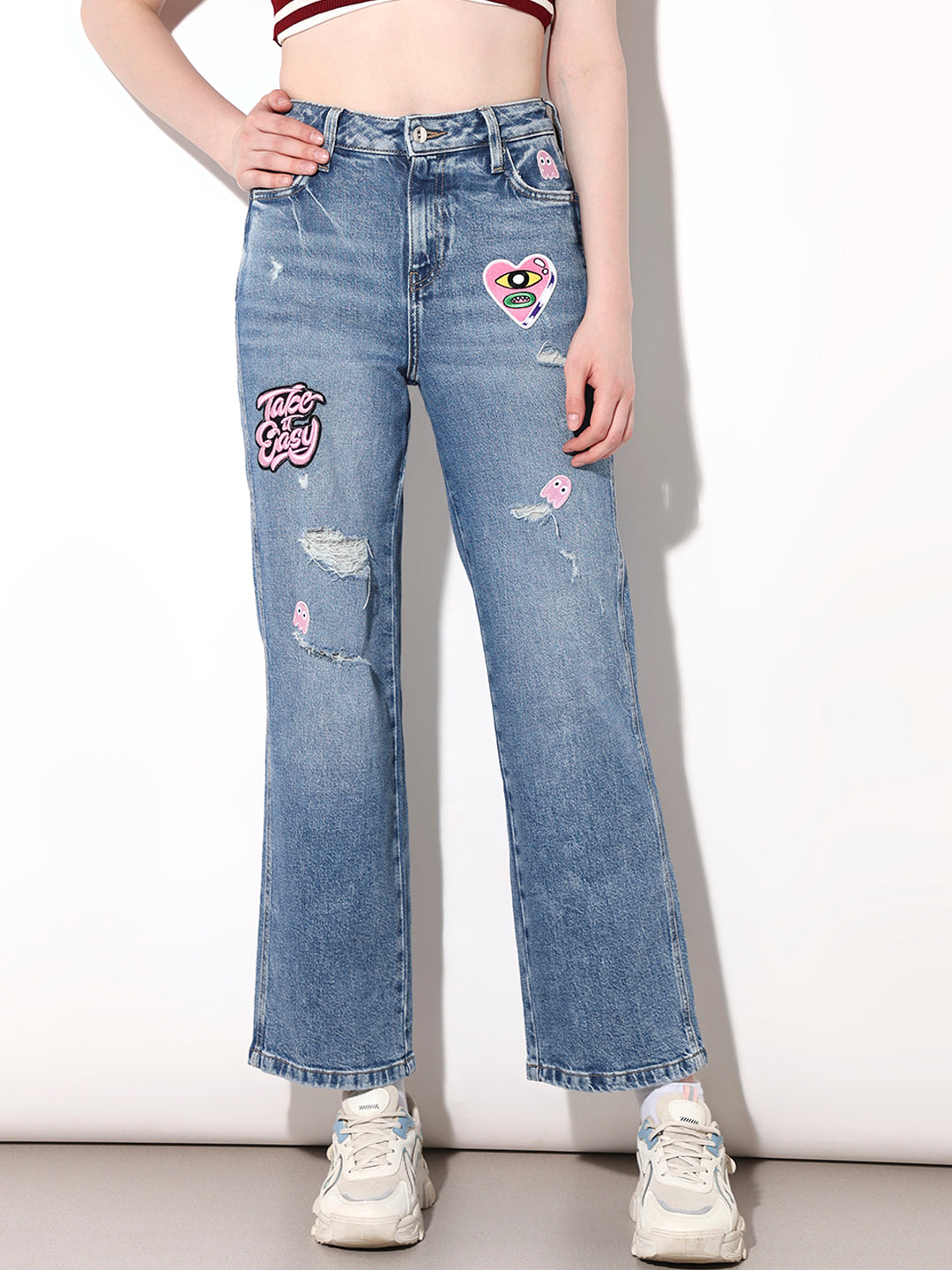 Blue Applique Distressed Jeans