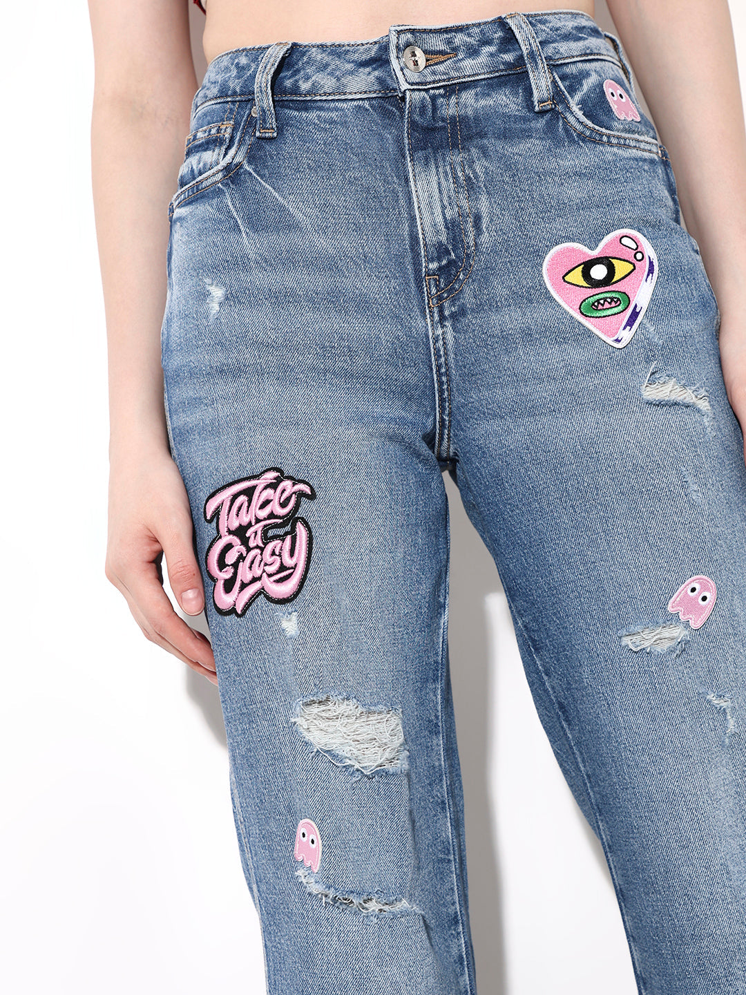 Blue Applique Distressed Jeans
