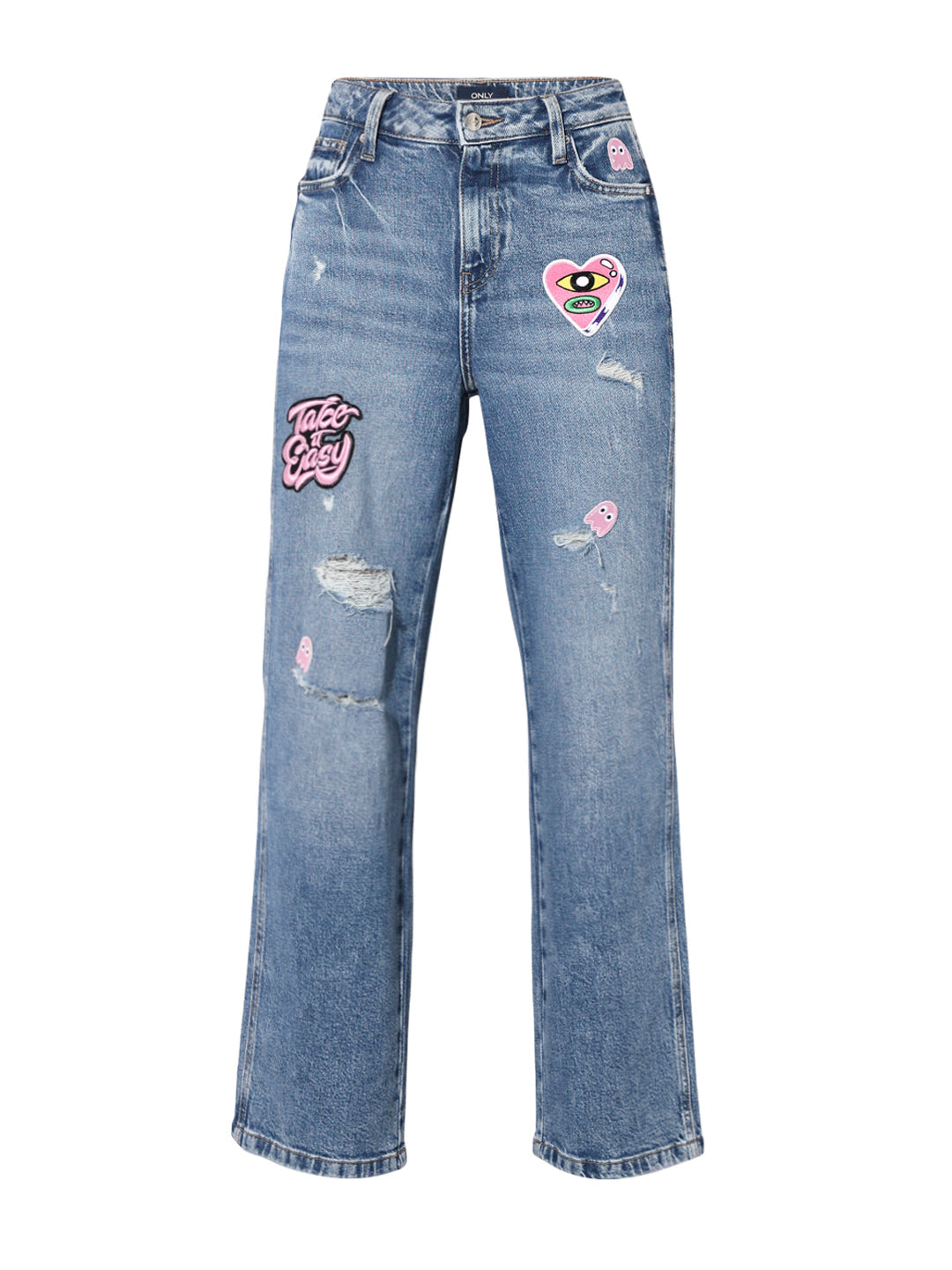 Blue Applique Distressed Jeans