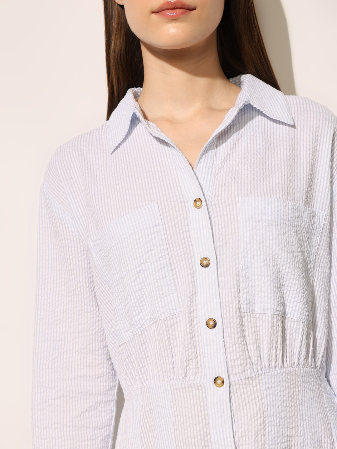 White Cuffed Sleeves Shirt Dress