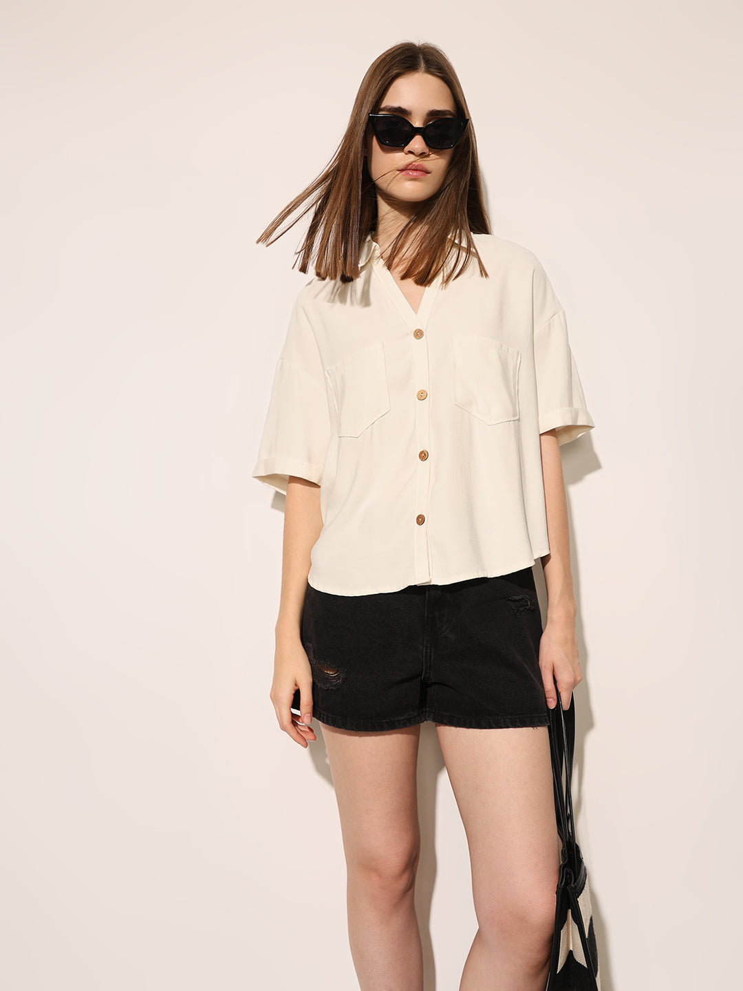 Beige Crop Boxy Fit Shirt