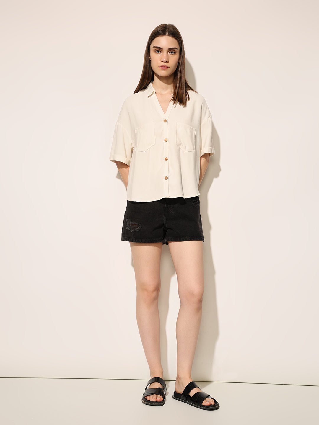 Beige Crop Boxy Fit Shirt