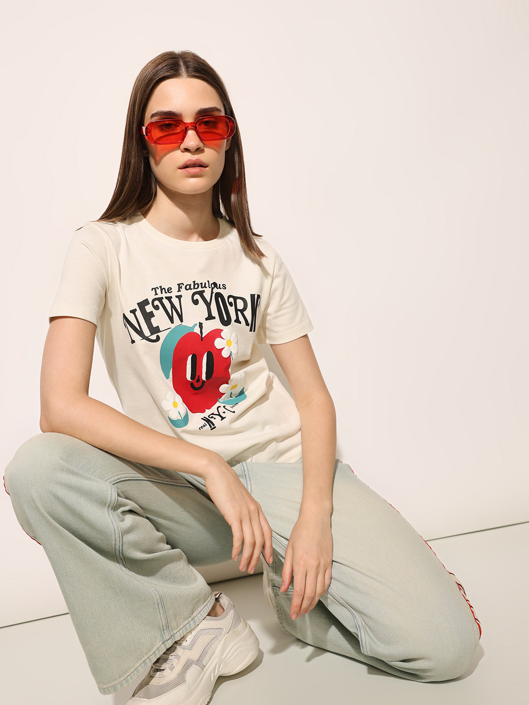 Beige NYC Printed Cotton T-shirt