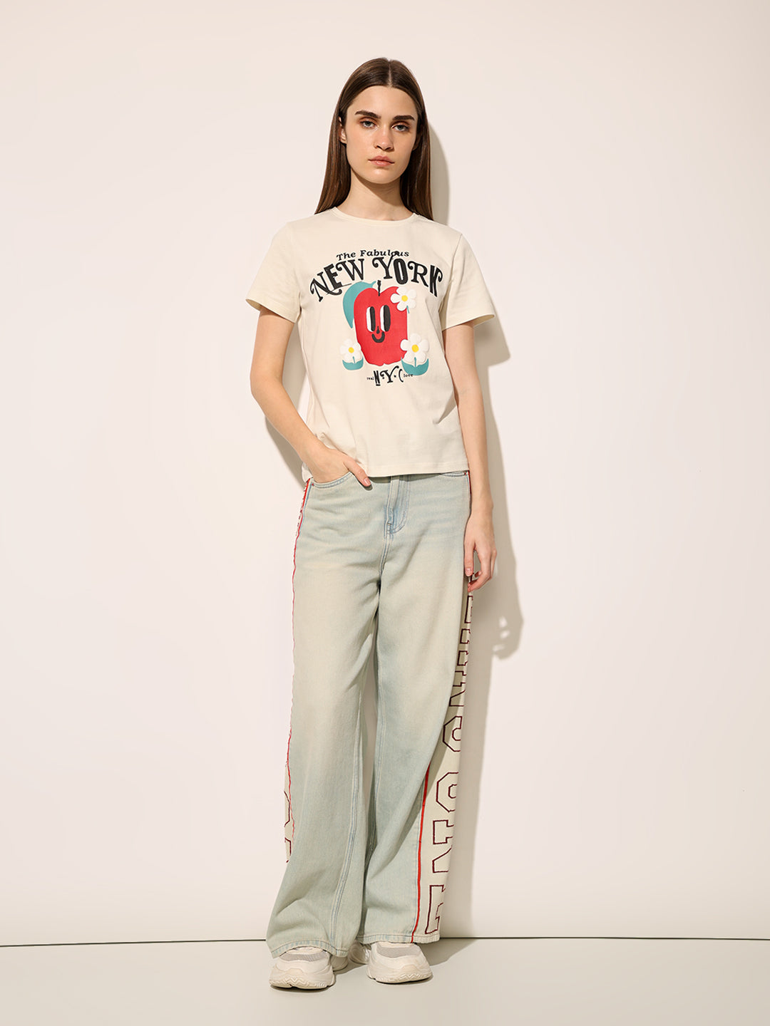 Beige NYC Printed Cotton T-shirt