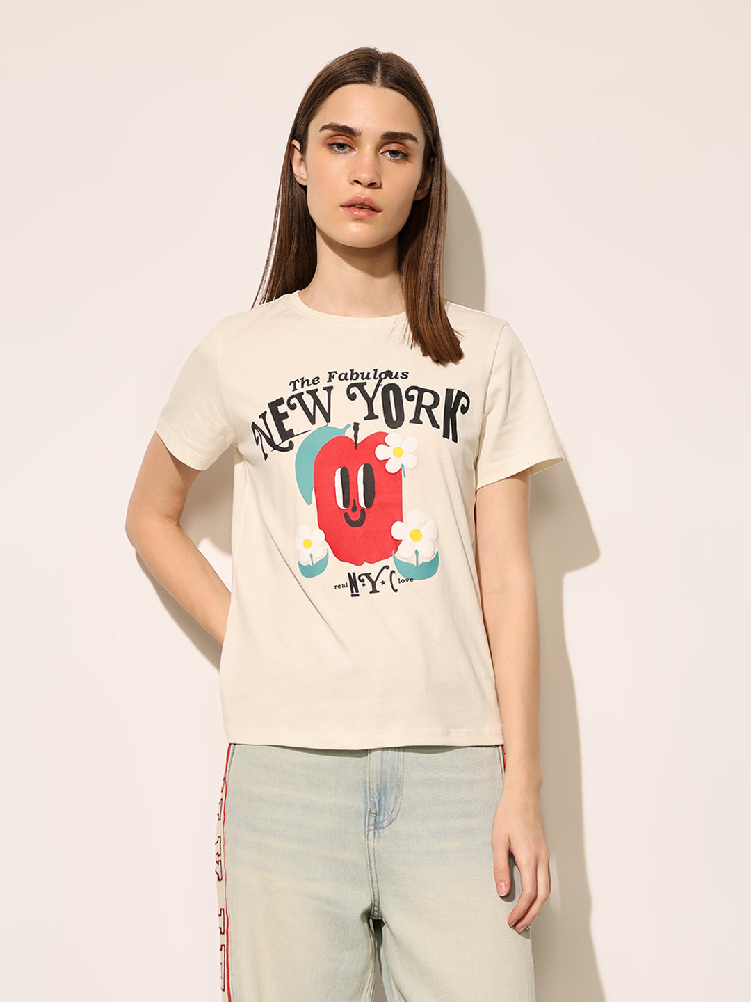 Beige NYC Printed Cotton T-shirt