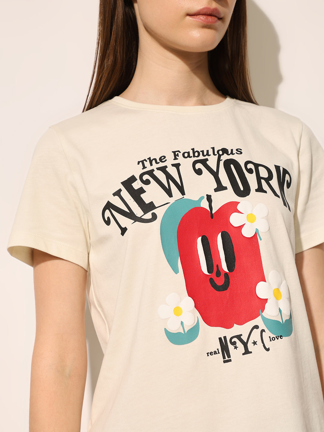 Beige NYC Printed Cotton T-shirt