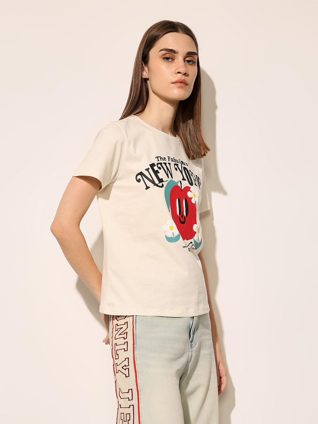 Beige NYC Printed Cotton T-shirt