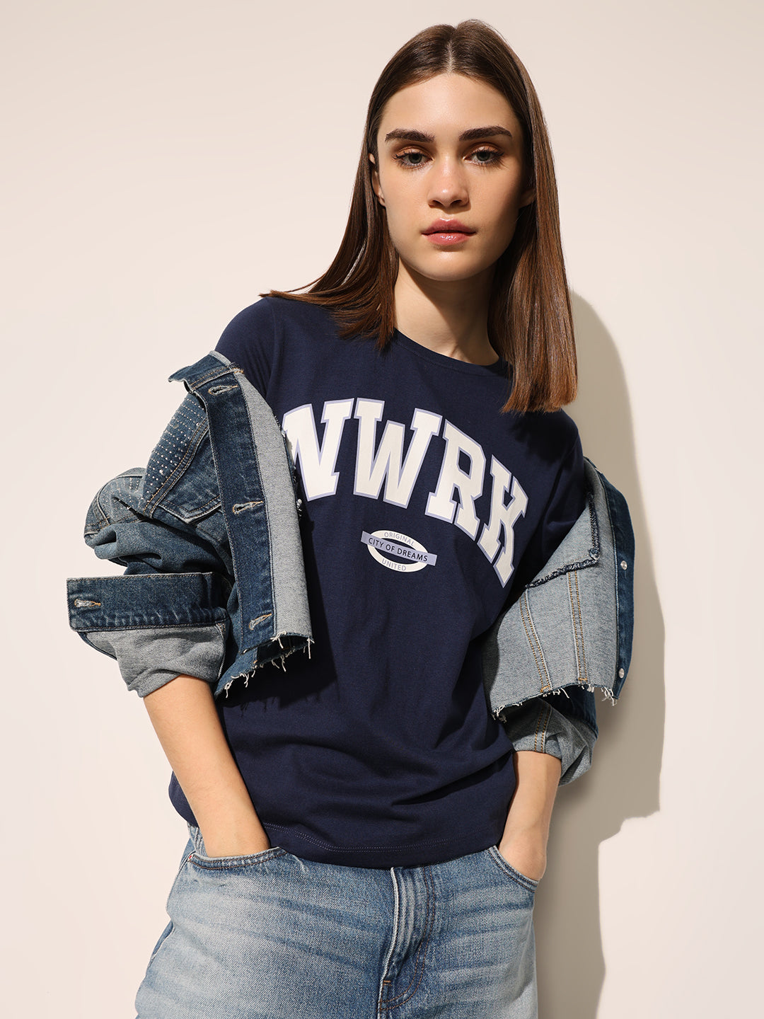 Navy Blue Typography Print Cotton T-shirt