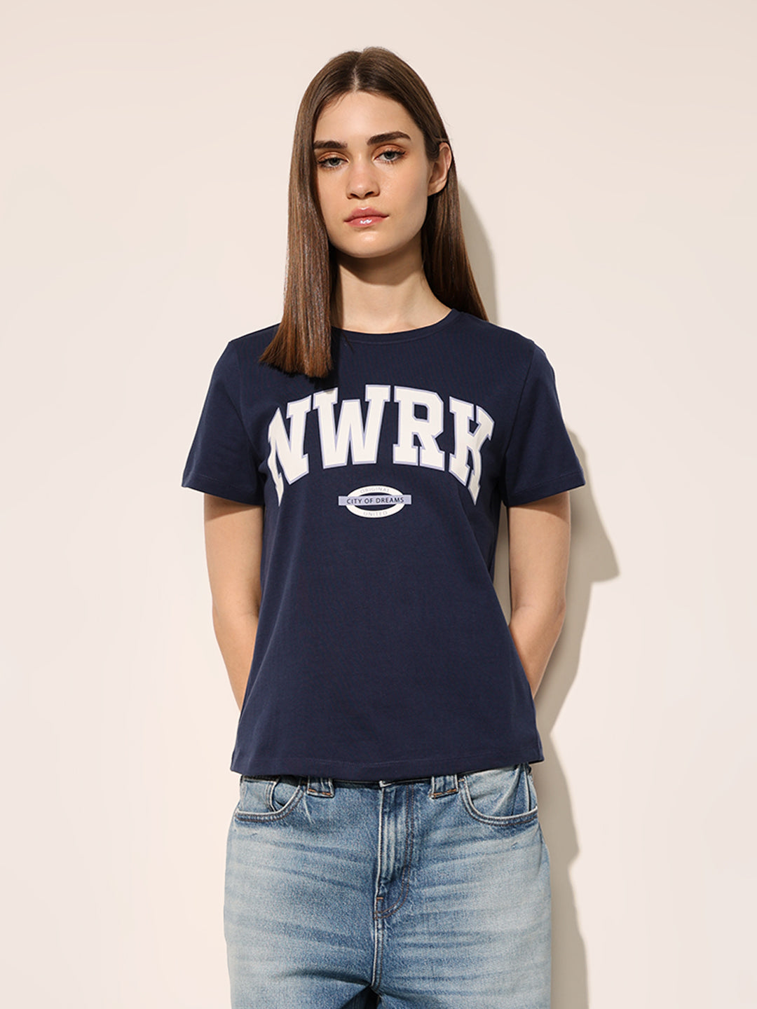 Navy Blue Typography Print Cotton T-shirt