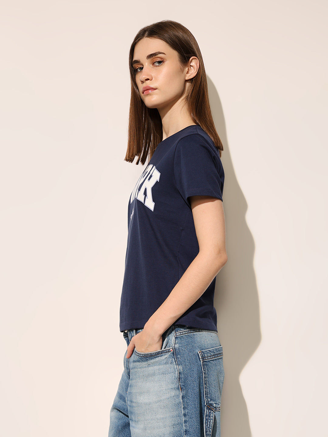 Navy Blue Typography Print Cotton T-shirt